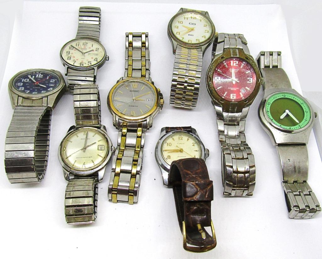 (8) VINTAGE MENS WRIST WATCHES: BENRUS, (2)TIMEX, SEIKO, CG. CASIO, WILLOW BAY, NO BRAND GREEN GLO FACE - ALL UNTESTED / PARTS / REPAIR / BATTIERES