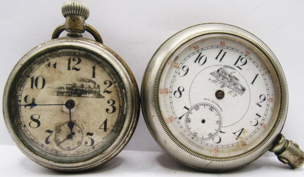 (2) VTG POCKET WATCHES with TRAIN FACES (1 of 4)