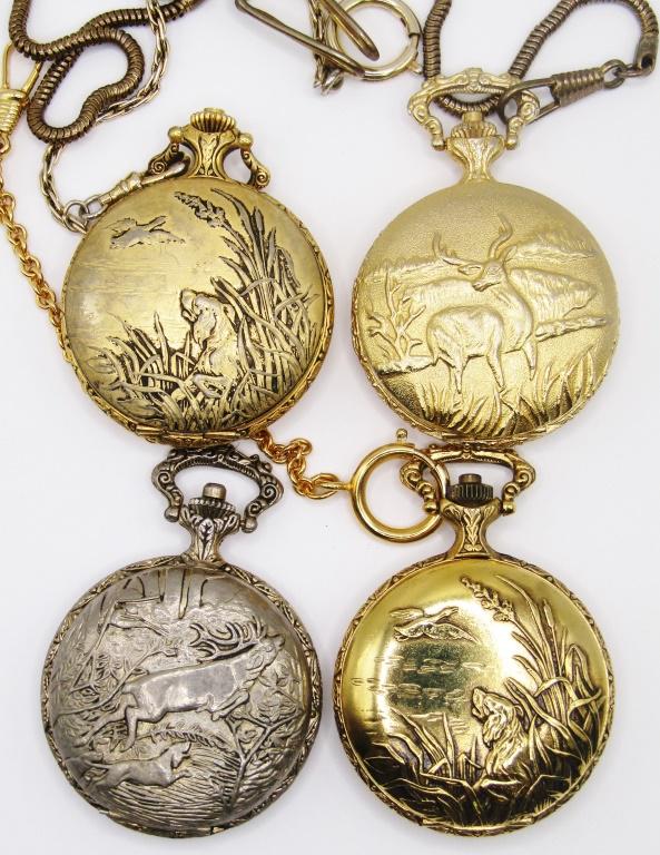 (4) HUNTING THEME POCKET WATCHES: ANDRE RIVALLE, CARIOLE - RUNNING, CITRON & MAJESTRON QUARTZ NOT RUNNING
