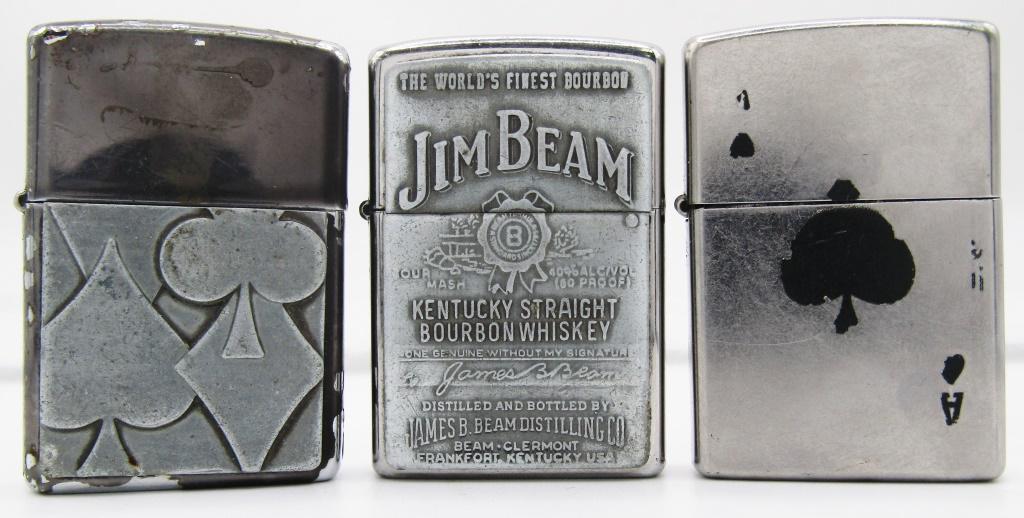 (3) LUCKY ZIPPO LOT!: ONE 2018 "ACE OF SPADE CARD" , ONE 2008 JIM BEAM BOURBON , ONE 1996 SPADE DIAMOND CLOVER