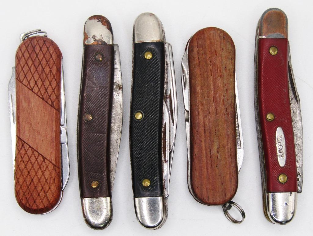 5 VINTAGE POCKET KNIVES; RANGER, MCCOY, SABRE,: 2 KEYCHAIN UTILITY KNIVES;