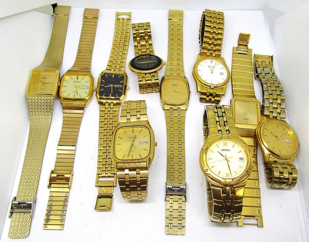 10 Gold Tone Mens Watches (Bulova, Seiko): UNTESTED. Bulova, Seiko, Lorus,Citizen,Caravelle
