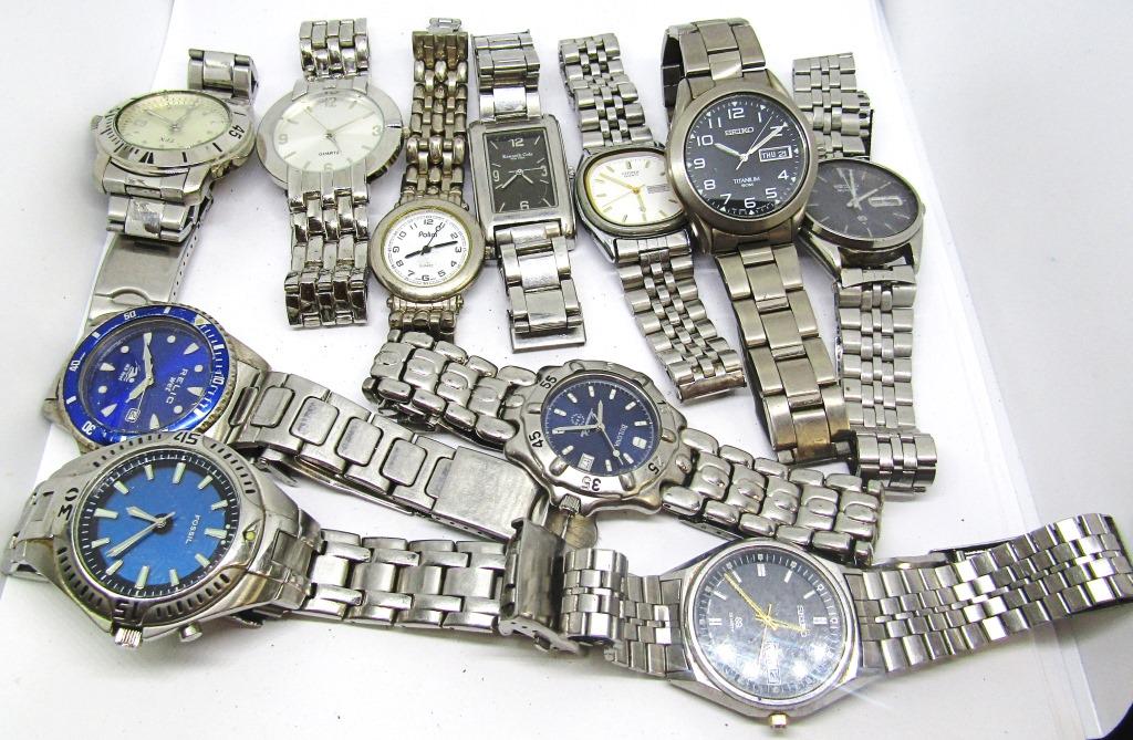 11 Silver Tone Mens Wristwatches (Fossil,TFX): UNTESTED. Fossil,TFX, Kenneth Cole,Citizen,Relic Wet,Bulova,Seiko,Polini,