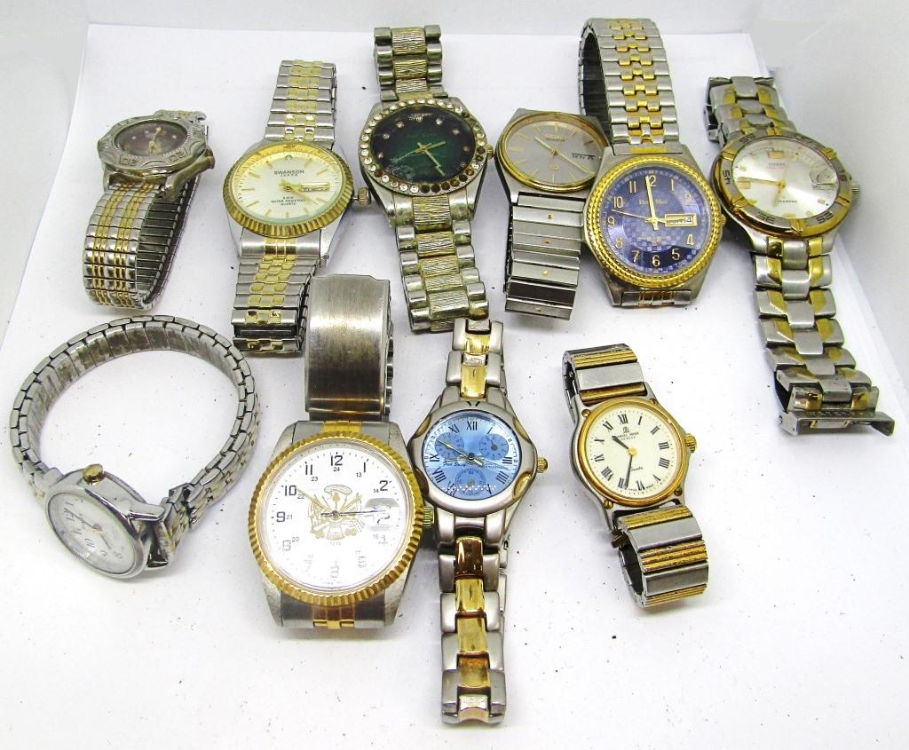 10 Two Tone Silver/Gold Mens Wirstwatches: UNTESTED. Hugo Max, Guess, TimeX, Swanson, Paul Jardin, Geneve, Hollywood Riders Club, Fred Belay