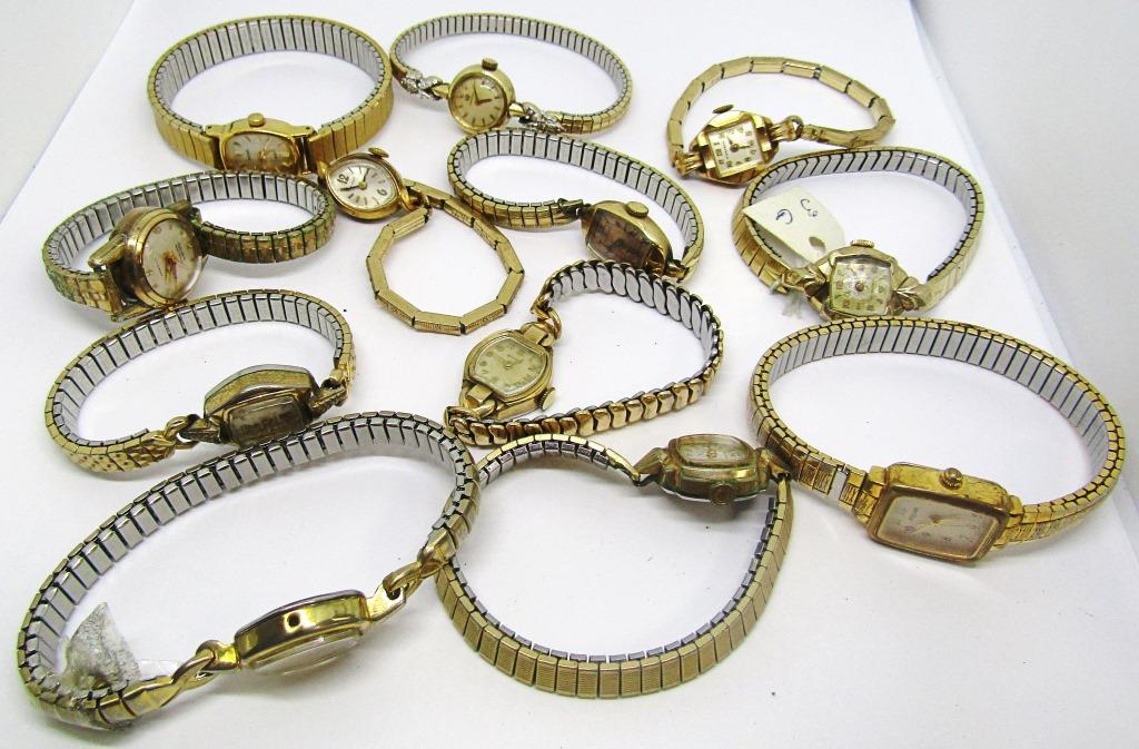 12 Gold Tone Womens Wrist Watches: Untested. Pulsar,Hydepark, North Hall, Hamilton, Gruen, Omega, TimeX, Caravelle, Waltham, Sharp, Benrus