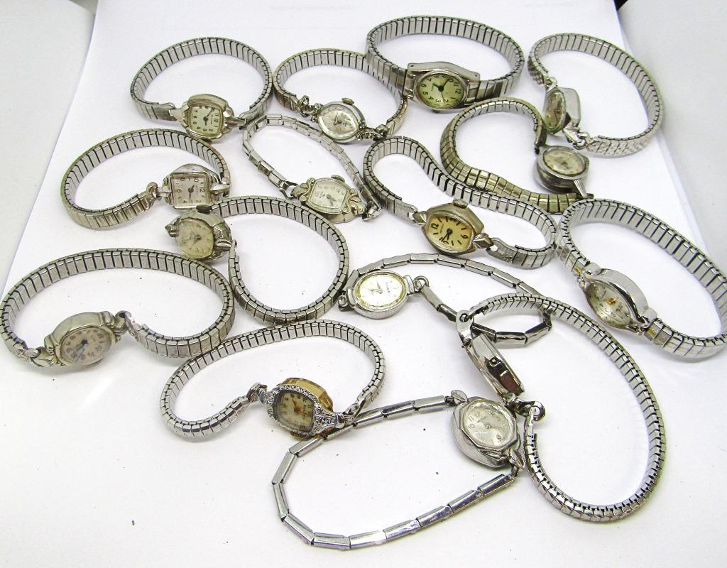 15 Vintage Silver Tone Womens Watches: UNTESTED. Benrus, Caravelle, Mido, Jules Jiirgonson, Sarah Coventry, Waltham, Elgin,Wyler, Bulova, Helbros