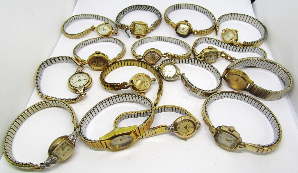 15 Vintage Gold Tone Womens Watches: UNTESTED. Caravelle,Elgin,Waltham, Dakota, Bulova, Hamilton, Sears, TimeX, Hampton,