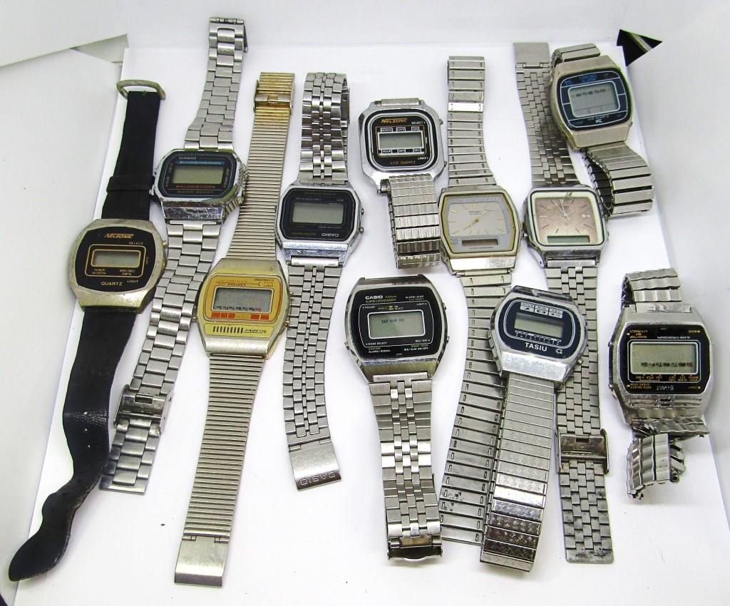 11 Vintage Digital Mens Wrist Watches: Untested. Nelsonic, NSC, Tasiu, Casio, Seiko, Legant