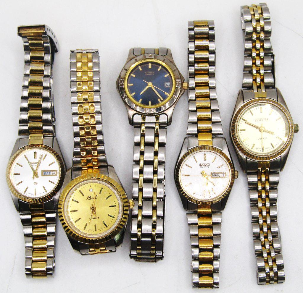 5 Two Tone Circle Face Mens Watches: UNTESTED. Rumours, Citizen, Pearl,Seiko. Silver and Gold Tone. Some with dial date.
