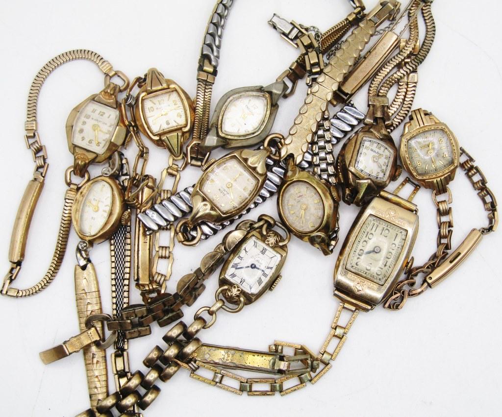 10 Vintage Gold Tone Ladies Watches (Elgin): UNTESTED. Bulova, Elgin, Endura,Waltham,Hampton. Gold Toned. Some bands need repaired.