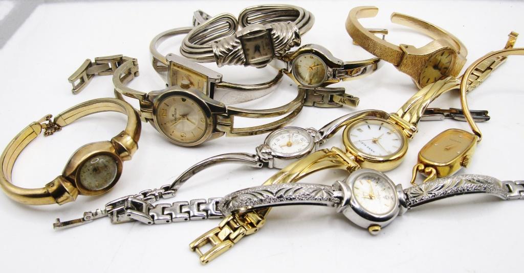 10 Plain Petite Womens Bangle Watches: Untested. Nine and Company,TimeX, Bucherer, Benrus, Anne Klein, L.A. Express, VG II. Some are gold tone, silver tone and two toned.