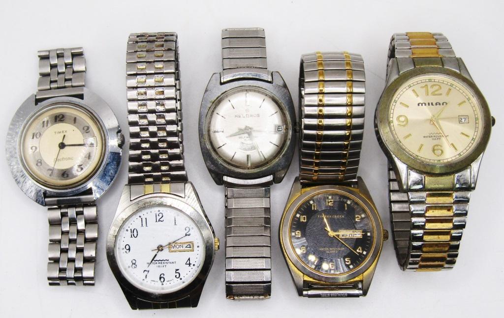 5 Day-Date Dial Stretch Band Mens Watches: UNTESTED. Timber Creek, Helbros, TimeX, Milan. 3 two tone (gold/silver), 2 silver tone.