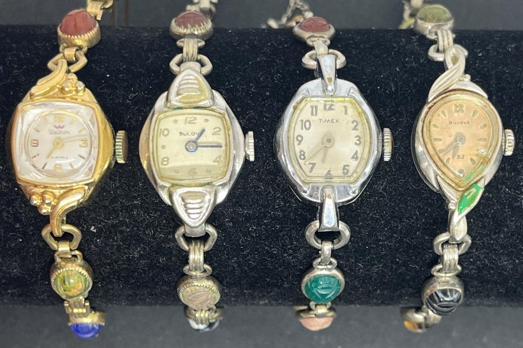 4 Japanese Beetle Bracelet Watches: UNTESTED. Bulova, TimeX, Waltham. 3 Silver tone, 1 Gold tone. All have beetles intact.
