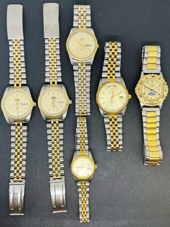 6 Gold/Silver Tone Day to Date Mens Watches: UNTESTED. TimeX, Elgin, Le Montre. All have gold and silver tone bands, gold tone faces, day to date dials. Le Montre is Nightglow.