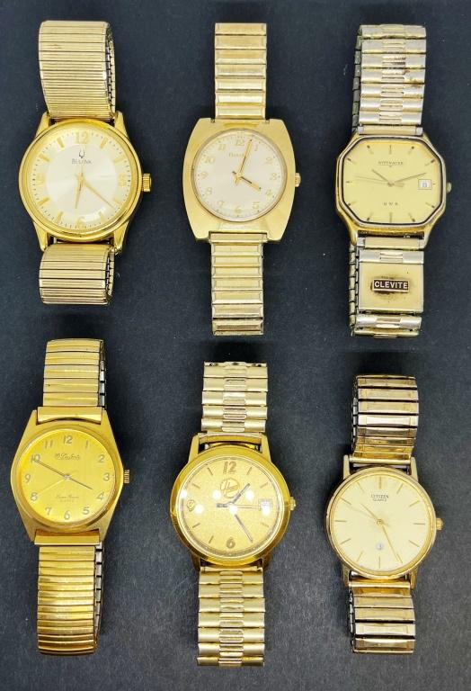 6 Gold Tone Mens Stretch Band Watches: UNTESTED. Dufonte, Hoover, Bulova, Citizen, Wittnauer. All gold tone stretch bands with gold tone faces. Some have day to date dial.