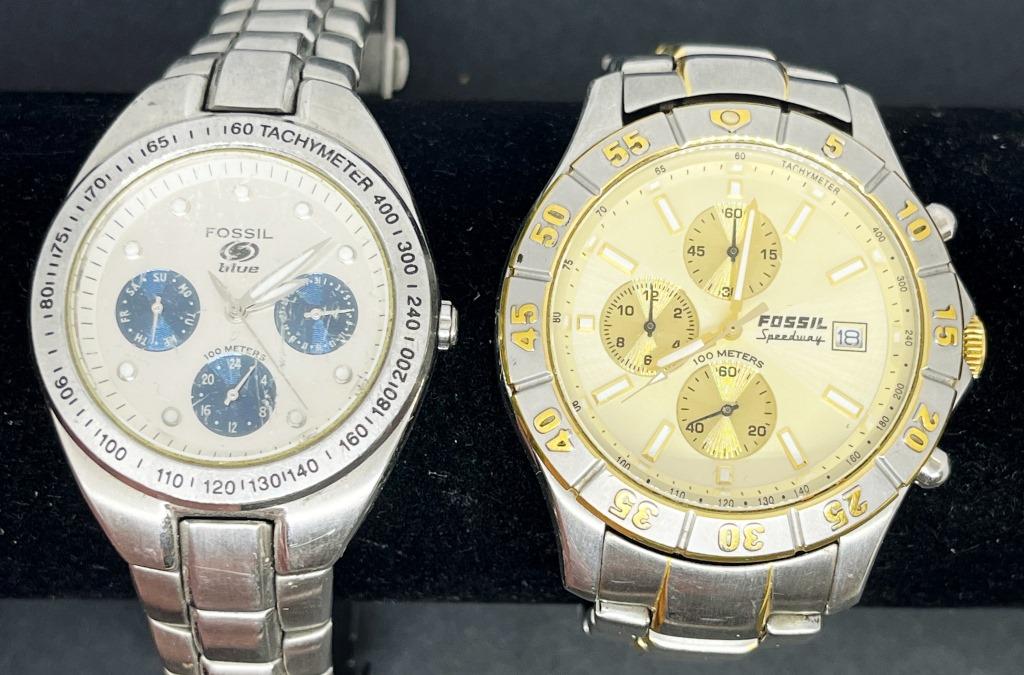2 Fossil Chronograph Watches: UNTESTED. Fossil Blue, Fossil Speedway. Both silver tone. 1 watch with blue subdials, 1 with gold tone subdials.