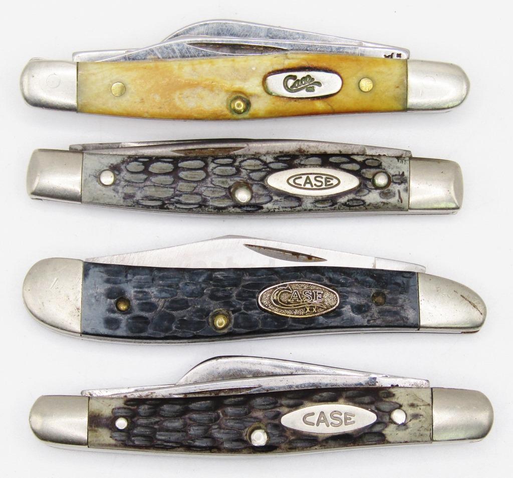 4 VINTAGE CASE POCKET KNIVES; 6.5327 - 3 BLADE,: BK6120 - SINGLE BLADE, 6327 - 3 BLADE, 6233 - 2 BLADE;