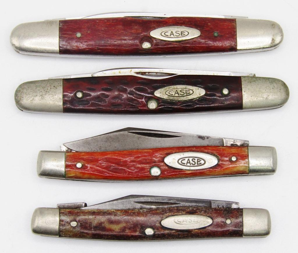 4 VINTAGE CASE POCKET KNIVES; 06263 - 2 BLADE,: 06263 - 2 BLADE, 6233 - SINGLE BLADE, 6233 - 2 BLADE;