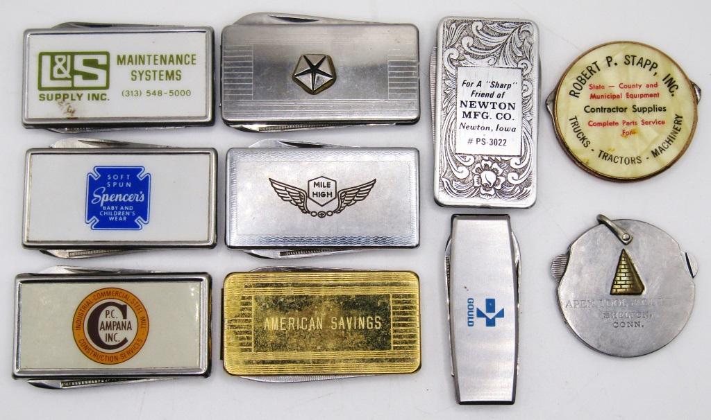 10 VINTAGE ADVERTISEMEMNT POCKET KNIVES;: CPC CAMPANA INC, MILE HIGH, AMERICAN SAVINGS, MAINTENANCE SYSTEMS, SOFT SPUN SPENCERS BABY AND CHILDREN'S WEAR, GOULD, ROBERT P STAPP CONTRACTOR, NEWTON MFG CO, APEX TOOL AND CUTTER;