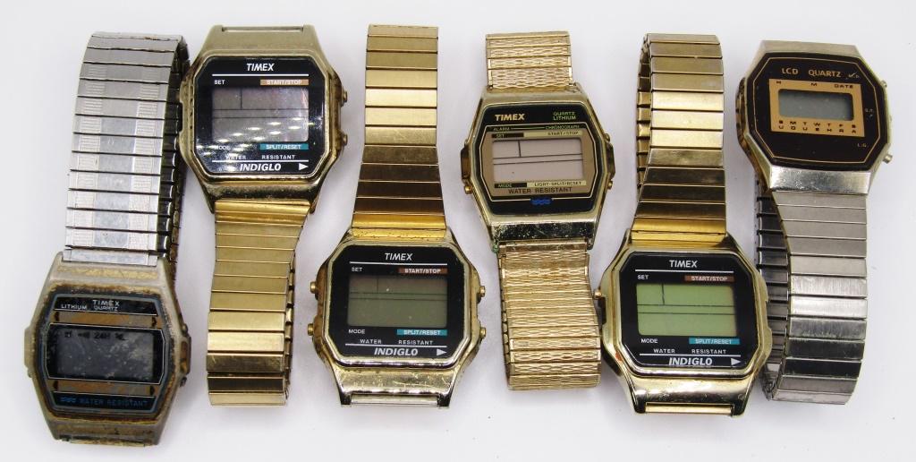 6-VINTAGE MEN'S DIGITAL WRISTWATCHES: (5)TIMEX (1)LCD QUARTZ-ALL WATCHES UNTESTED