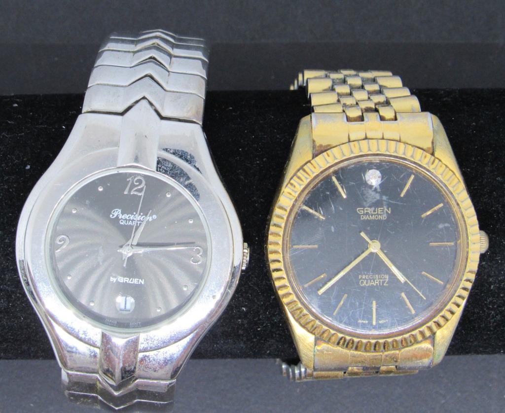 2-PRECISION GRUEN MEN'S WRISTWATCHES: (1)DIAMOND QUARTZ-BOTH WATCHED UNTESTED-PARTS REPAIR