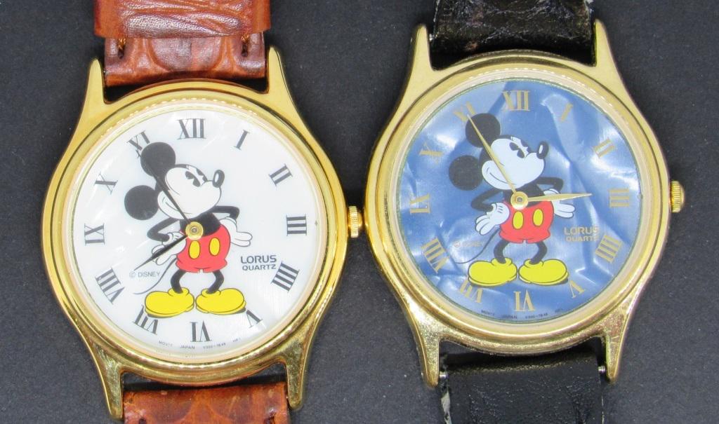 (2) Vintage Disney Lorus Mickey Mouse WATCHES: UNTESTED Blue Mother of Pearl Watch Quartz , WHITE PEARL