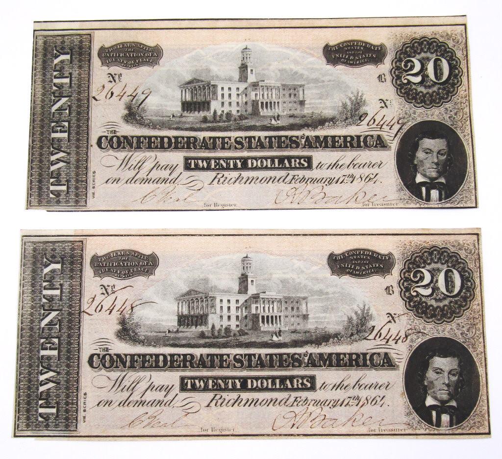 (2) CONSECUTIVE # CONFEDERATE STATES of AM: TWENTY DOLLARS #26448 & #26449 - VERY NICE CONDITION