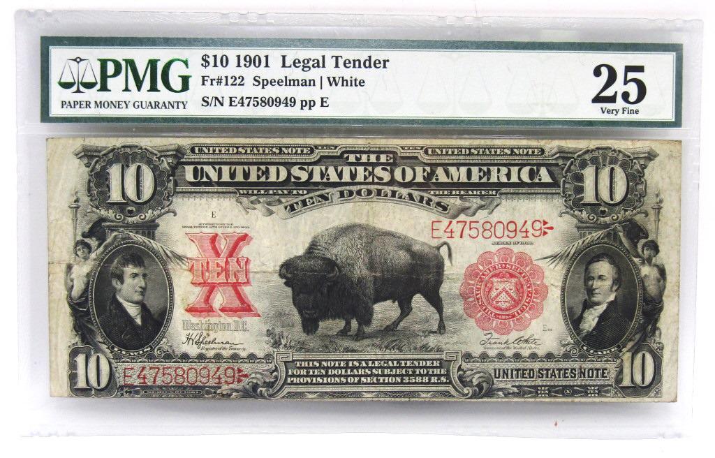 1901 $10 BISON U.S. NOTE LEGAL TENDER PMG 25 (1 of 2)