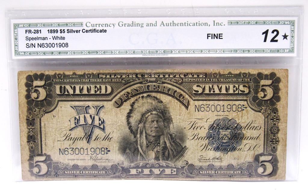 1899 $5 "INDIAN CHIEF" SILVER CERT CGA 12 (1 of 2)