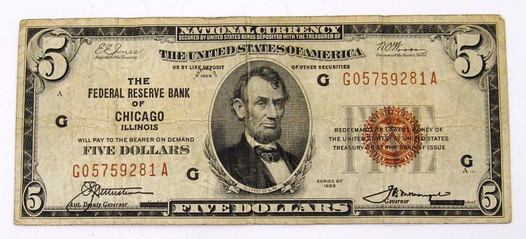 1929 $5 NATIONAL CURRENCY CHICAGO IL (1 of 2)