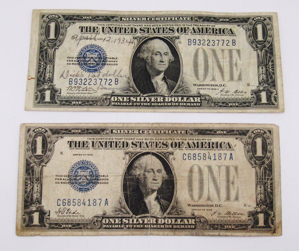 (2) 1928 "FUNNY BACK" SILVER CERTS (1 of 2)