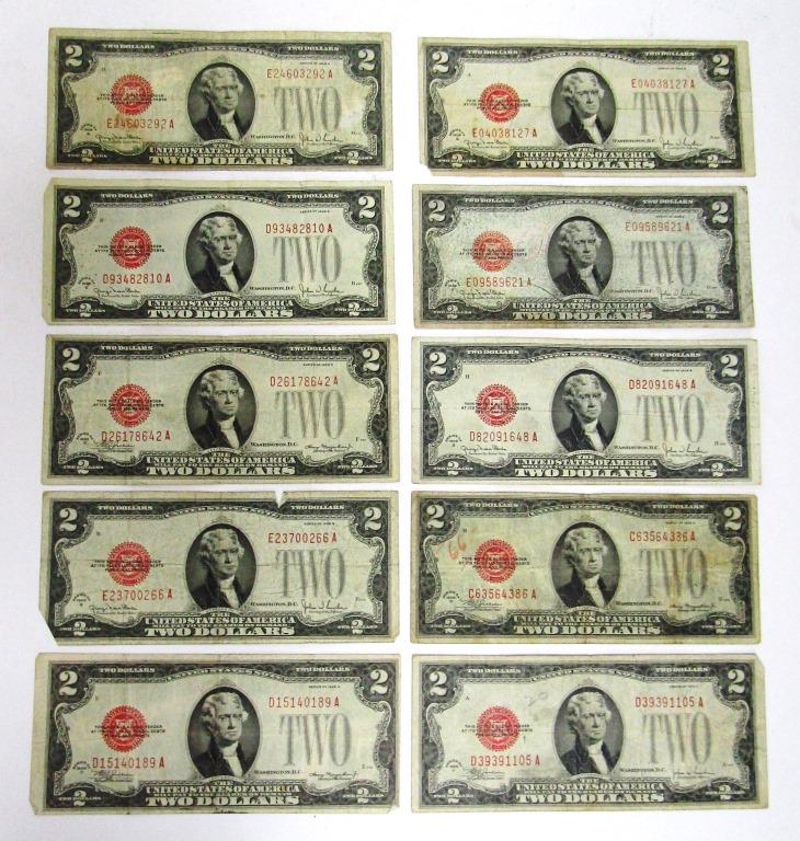 (10) 1928 $2 RED SEAL U.S. NOTES - CIRCS (1 of 2)