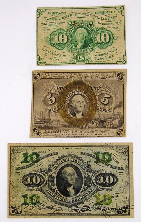 (3) FRACTIONAL NOTES 1863 5c, 10c, 1862 10c (1 of 2)