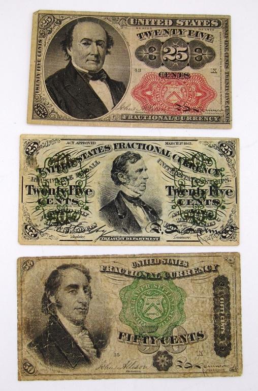 (3) FRACTIONAL NOTES 1873 50c, 1863 25c, (1 of 2)