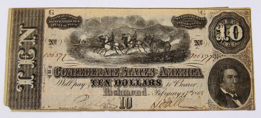 1864 $10 CONFEDERATE STATES of AMERICA: NICE CIRC