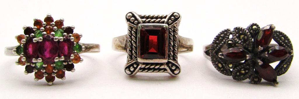 3-STERLING FASHION RINGS WITH MULTI COLORED: STONES (1)MARCASITE-VARIOUS SIZES 7-9-TOTAL 10 DWT