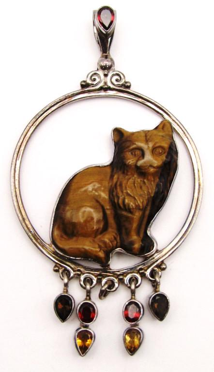 SAJEN STERLING CIRCULAR PENDANT WITH CARVED: TIGER EYE CAT CENTER WITH DANGLY CHARMS (1)MISSING-TOTAL 16 DWT