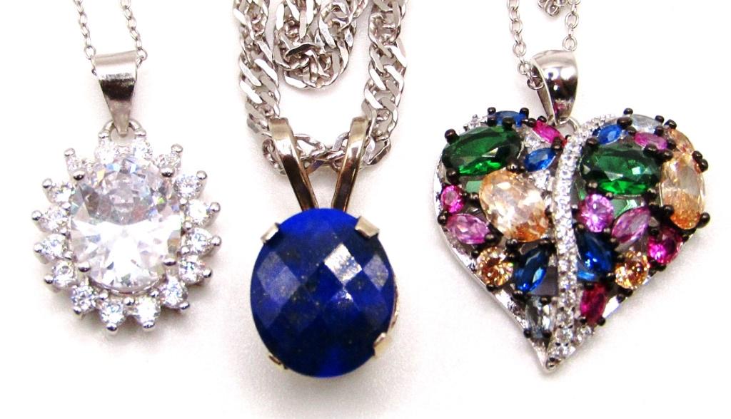 3-STERLING FASHION PENDANT WITH MULTI COLORED: STONES-ALL COME WITH CHAINS-TOTAL 10 DWT