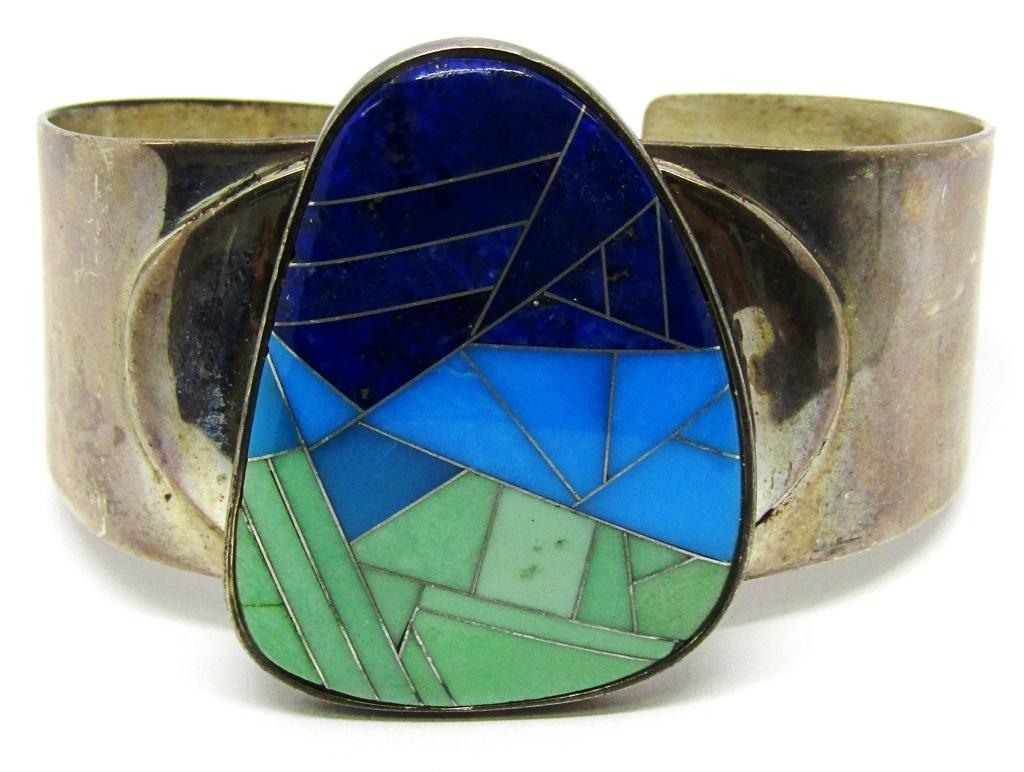 DTR MARKED STERLING CUFF WITH TURQUOISE AND (1 of 3)