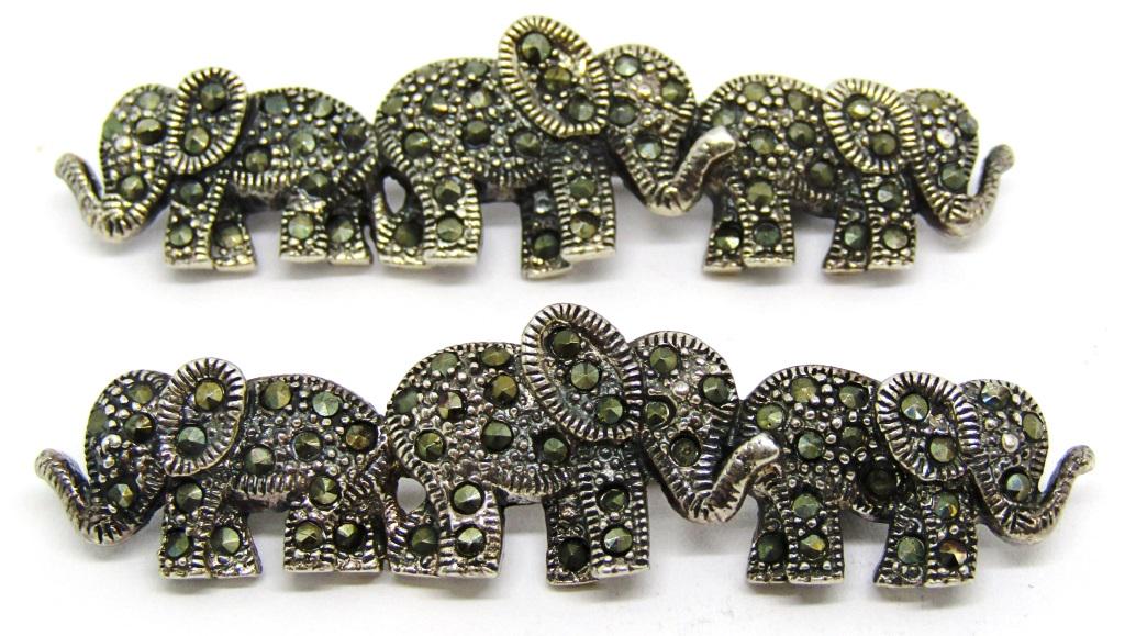 2-STERLING ELEPHANT MARCASITE BROOCHES: TOTAL 14 DWT