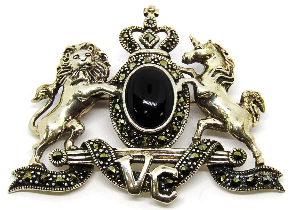 VINTAGE STERLING MARCASITE BROOCH: UNICORN & LION-TOTAL 13 DWT