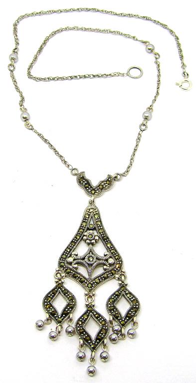STERLING MARCASITE NECKLACE WITH DANGLY: TASSLES ON PENDANT-MEASURES 18 INCHES-TOTAL 9 DWT