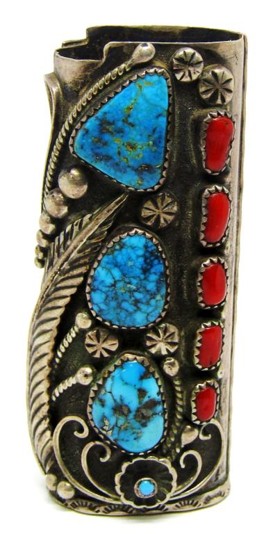 SOUTHWESTERN STERLING LIGHTER COVER WITH: TURQUOISE AND RED CORAL STONES-BACK "RES" CHIPPED TURQUOISE INLAY-TOTAL 33 DWT