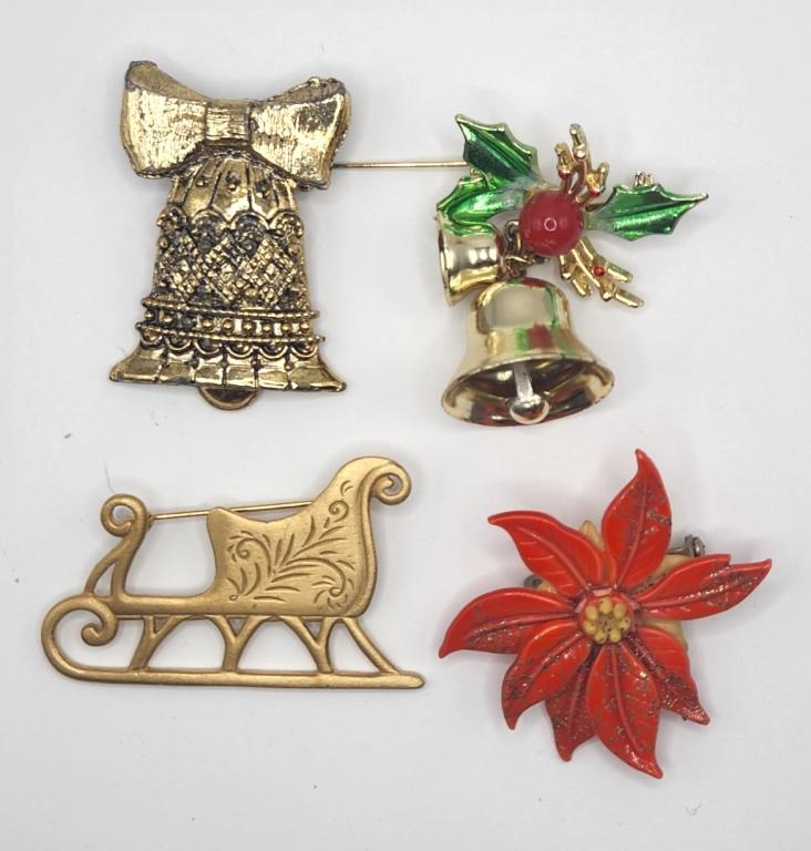 VINTAGE CHRISTMAS BROOCH LOT: JJ GOLD TONED: SLED (2)BELLS (1)POINSETTA-SOME WITH ENAMEL ACCENTS