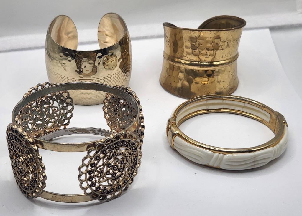 4-VTG GOLD TONED CUFFS/BRACELETS: (1)WITH WHITE LUCITE