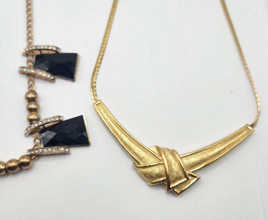 2-VINTAGE GOLD TONED NECKLACES: (1)WITH RHINESTONE AND BLACK LUCITE ACCENTS