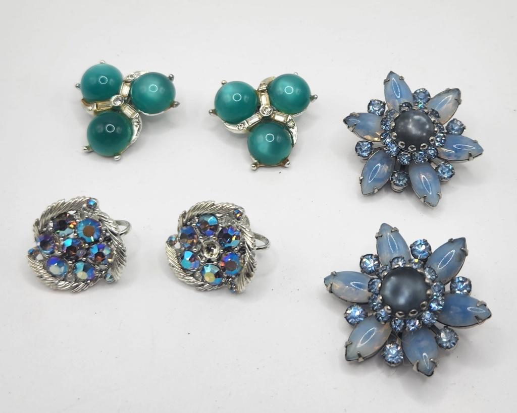 3-VINTAGE TWIST BACK/CLIP ON EARRINGS: (1)LISNER WITH RHINESTONES (1)FLOWER WITH BABY BLUE RHINESTONES AND LUCITE (1)WITH GREEN LUCITE
