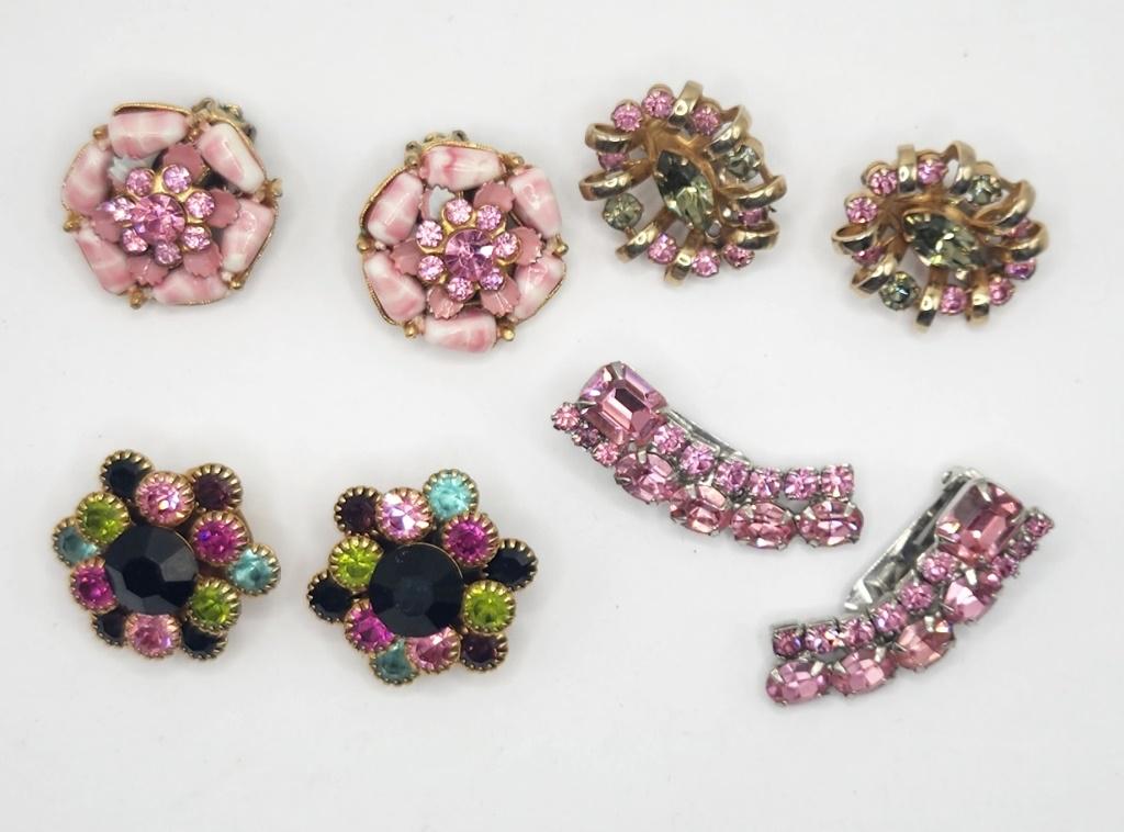 4-PAIRS OF VTG CLIP ON RHINESTONE EARRINGS: (!)WITH LUCITE ACCENTS