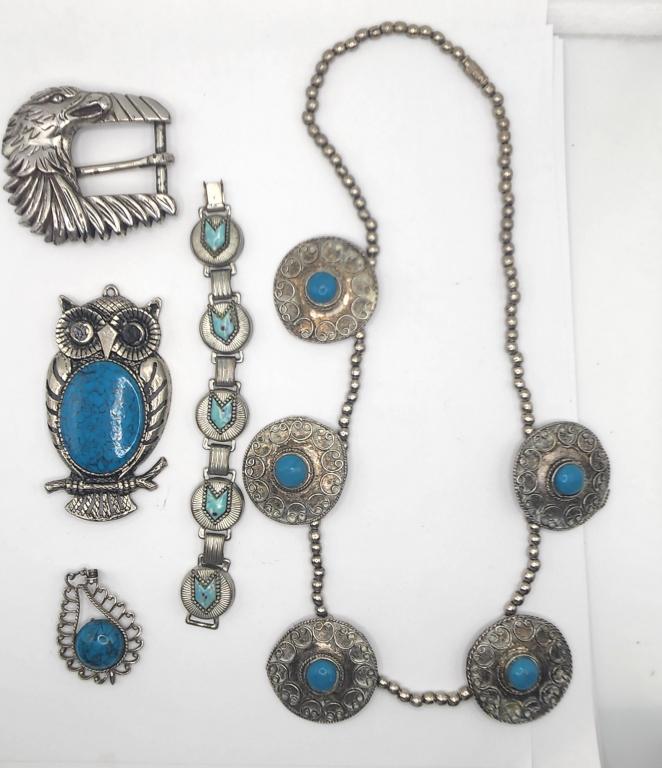 SOUTHWESTER/FAUX TURQUOISE JEWELRY LOT:: (2)NECKLACES (1)PANEL BRACELETS (2)PENDANTS (1)EAGLE BELT BUCKLE