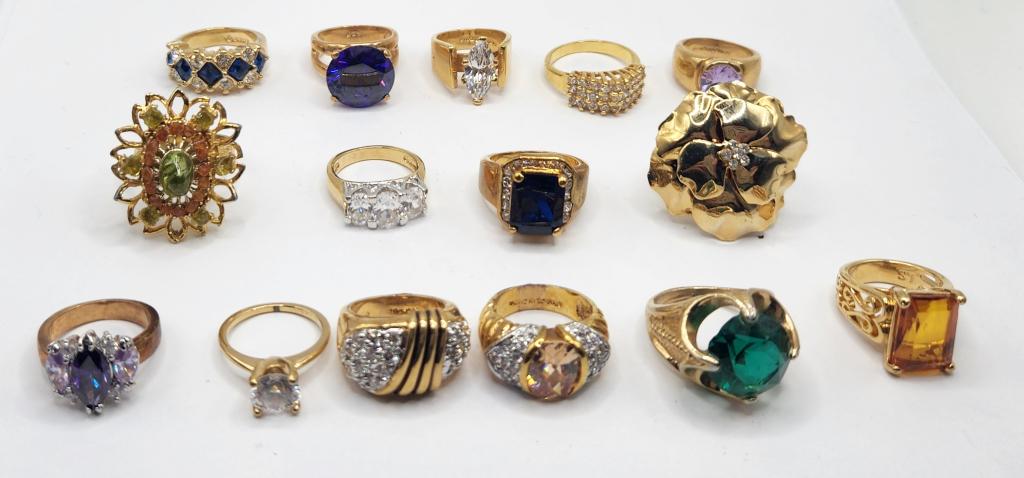 15-GOLD TONED FASHION BLING RINGS: MULTI COLORED STONES-LUCITE-VARIOUS SIZES